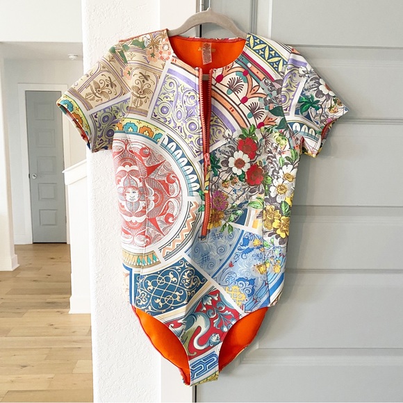 New Johnny Was Boho Neoprene Patchwork One Piece Swimsuit - Picture 2 of 7